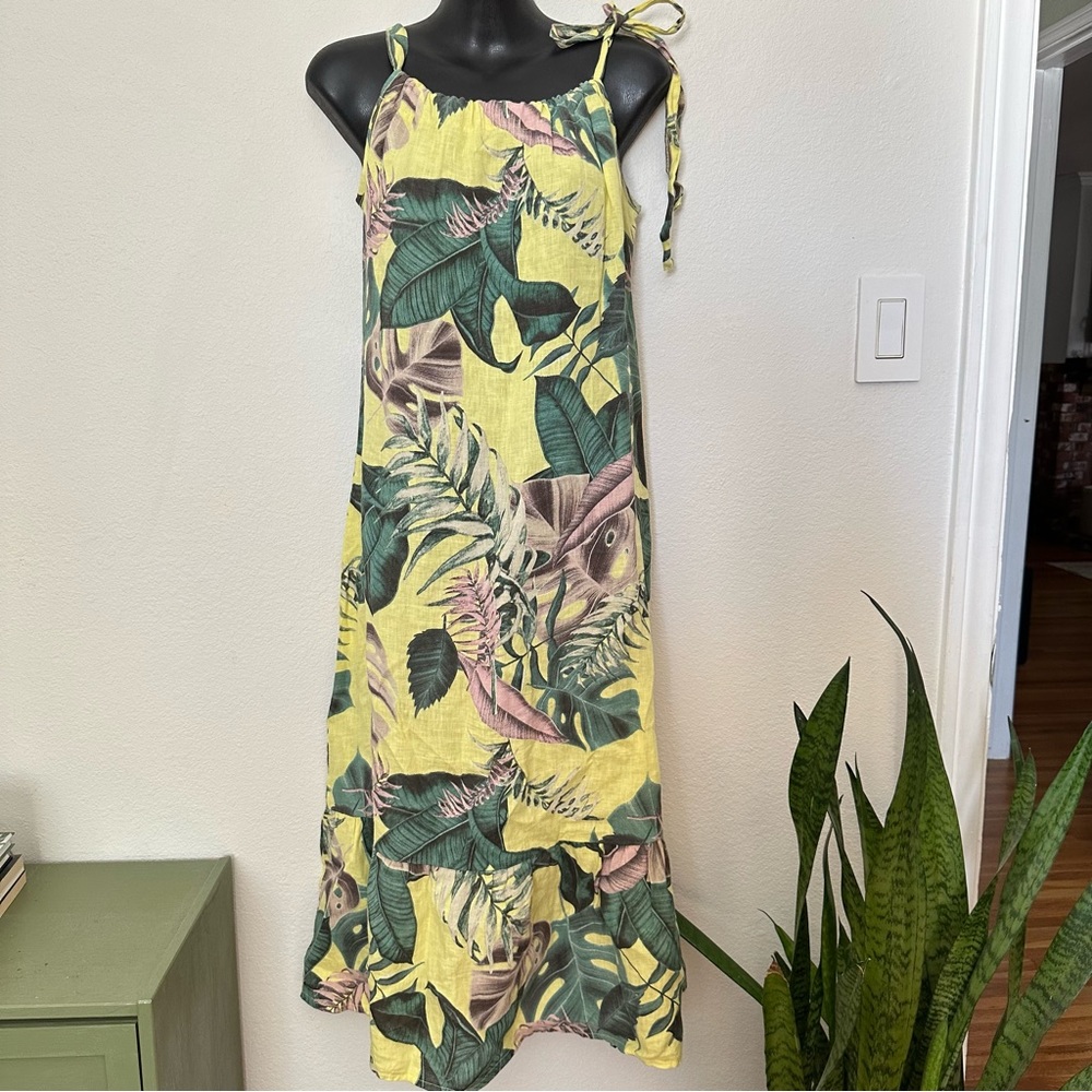 Bellambra Italian Pure Linen Yellow Green Floral Palm Tropical Sleeveless Dress